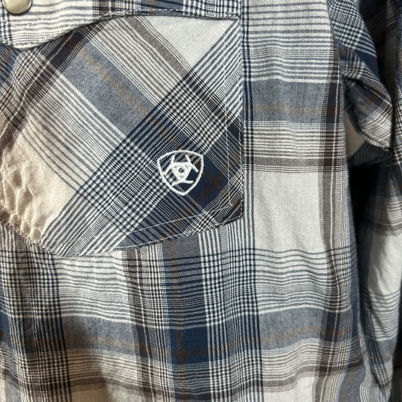 Ariat Retro Fit Shirt Mens Large Blue Brown Plaid Western Pearl Snap Rodeo - Picture 3 of 7
